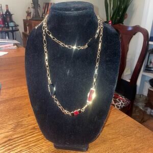 Chico's Gold Tone Layering Chain Necklace with Rectangle Red Black Gem Station